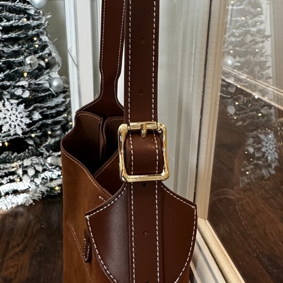 Shoulder bag leather and suede like large satchel hobo tote brown khaki camel - Picture 4 of 4